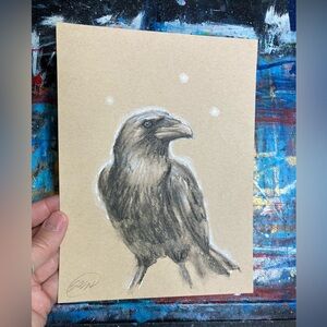 Original raven painting crow charcoal pastel nature decor art bird artwork USA